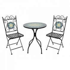 Set 2 scaune pliabile si masa fier forjat negru decorata cu mozaic albastru galben ? 60 cm x 72 h foto