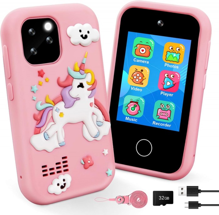 Telefon Jucărie 2in1 Montessori cu Jocuri, Alfabet, Puzzle, Audiobooks, Cameră, MP3, Lanternă și Card 32GB pentru Copii, Roz si Albastru