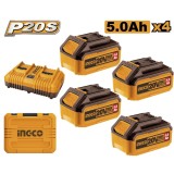 Cumpara ieftin Pachet Baterie (Acumulator) 20V 5AH Set 4 buc cu Incarcator Dublu Ingco P20S FBCLI20245