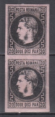 ROMANIA 1867 LP 20 c REGELE CAROL I CU FAVORITI 20 PARALE HARTIE SUBTIRE NEGRU/HARTIE ROZ PERECHE VERTICALA GUMA ORIGINALA SARNIERA foto