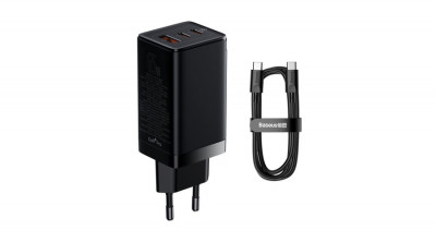 Baseus GaN3 Pro &amp;icirc;ncărcător universal rapid GaN 2 x USB tip C / USB 65W PD3.0, QC4.0+, AFC negru + cablu USB tip C - USB tip C 1m (CCGP05010101) foto