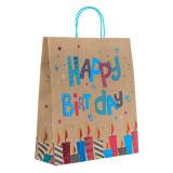 Sacoșă Cadou Kraft, Model Lum&acirc;nări Colorate, Mesaj Happy Birthday, 36x12x41cm, Oem