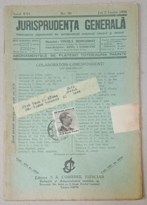 JURISPRUDENTA GENERALA , PUBLICATIUNE SAPTAMANALA DE JURISPRUDENTA REZUMATA ROMANA SI STREINA , NR.20 , 1938 foto