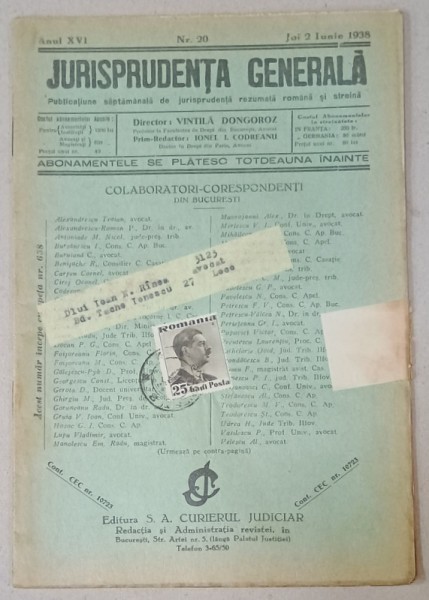 JURISPRUDENTA GENERALA , PUBLICATIUNE SAPTAMANALA DE JURISPRUDENTA REZUMATA ROMANA SI STREINA , NR.20 , 1938