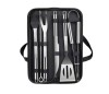 Set 9 Ustensile Gratar Inox, Cleste, Spatula, Furculita, Pensula, Frigarui, Cutit, Geanta Depozitare, Negru/Argintiu IPF