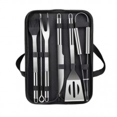 Set 9 ustensile pentru gratar, Inox, Geanta depozitare, Negru Argintiu