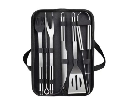 Set 9 ustensile pentru gratar, Inox, Geanta depozitare, Negru Argintiu foto