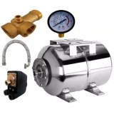 Kit accesorii hidrofor, vas expansiune 50L Inox, IBO Polonia, presostat, manometru, racord 5 cai bronz, furtun racord Inox cu cot 70cm