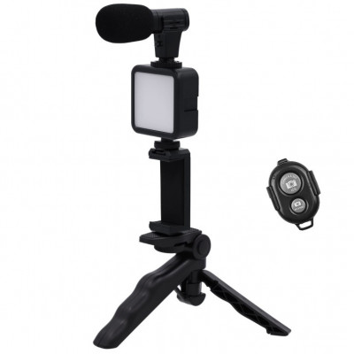 Kit de vlogging, trepied, microfon, panou LED, telecomanda bluetooth, suport reglabil telefon, filmari video Youtube, compatibil cu aparat foto/smartp foto
