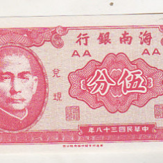 bnk bn China 5 cents 1949 Hainan Bank , unc , unifata