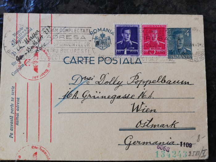 Carte postala cenzurata, 1941, francatura Mihai, Bucuresti-Viena in Germania