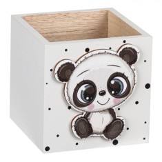 Suport Pixuri, 3D Panda, Lemn, Culoare Alb, Dimensiuni 9x9x9cm