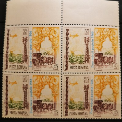 VOC 1966 LP 640, Ziua marcii postale romanesti, bloc de 4, MNH foto