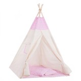 Cort copii Sersimo stil indian Teepee Tent cu fereastra, covoras gros si 2 perne, alb roz cu stelute Household NewTrend
