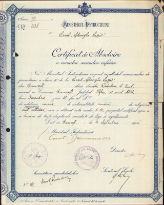 HST A1854 Certificat absolvire 1926 Liceul Gheorghe Lazăr București foto