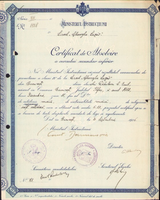 HST A1854 Certificat absolvire 1926 Liceul Gheorghe Lazăr București