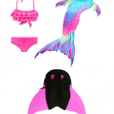 Set 4 piese Costum de baie Sirena THK®, include top, slip, coada sirena si Inotatoarea pentru fixarea cozii, Roz, Albastru, 150 cm