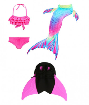 Set 4 piese Costum de baie Sirena THK&amp;reg;, include top, slip, coada sirena si Inotatoarea pentru fixarea cozii, Roz, Albastru, 150 cm foto