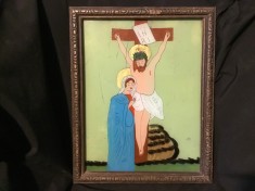 arta / religie - Icoana Isus pe cruce pictata pe sticla cu rama de lemn !