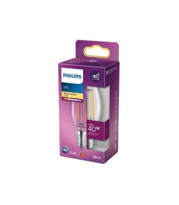 Bec LED filament Philips lumanare B35 E14 4.3W (40W) 470lm 2700K