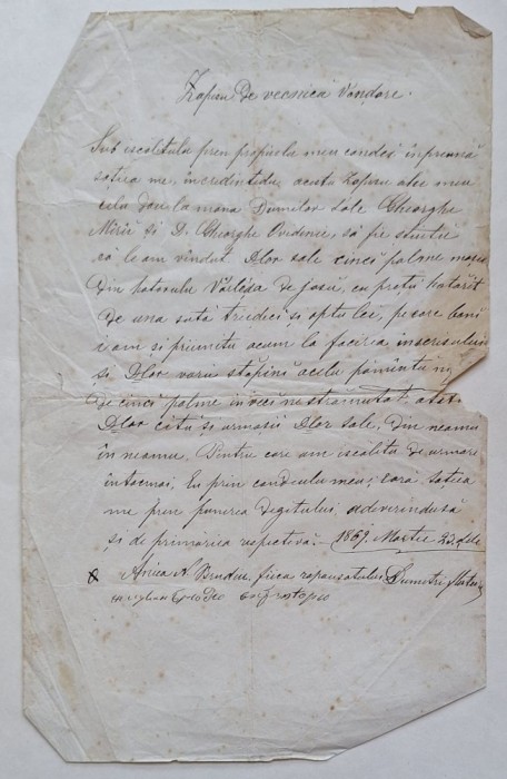 Zapisu de vecinică v&acirc;ndare &ndash; Sat Vălești, județul Covurlui &ndash; 1869 &ndash; act manuscris rar