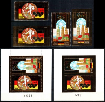 Cambodgia 1972, AUR, Mi #351-352 A+B + Bl 29 A+B**, Olimpiada Munchen MNH, cota 420 &amp;euro;! foto