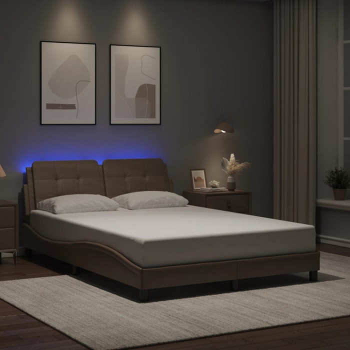 Cadru de pat lumini LED, cappuccino, 140x190 cm piele ecologică
