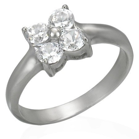 Inel din oțel cu zirconii &icirc;n formă de floare - Marime inel: 57