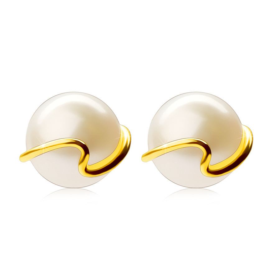 Cercei din aur 375 – perlă albă de cultură, linie ondulată subțire,  știfturi | Okazii.ro
