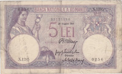 ROMANIA 5 LEI August 1917 F foto