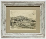 Toader Schipor 1956 Tablou Peisaj Rustic Gospodarie Săsească Sibiana Sfantul Nicolae actual Șeica Mică grafică &icirc;n cărbune &icirc;nrămată 25x30cm