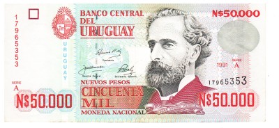Uruguay 50 000 Pesos 1991 P-70b Seria 17965353 foto