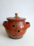 Oala ceramica lut cu capac, veche, pentru sarmale, 17x17cm, decor rustic etno