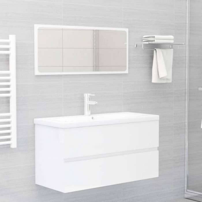 Set mobilier de baie, alb extralucios, lemn prelucrat