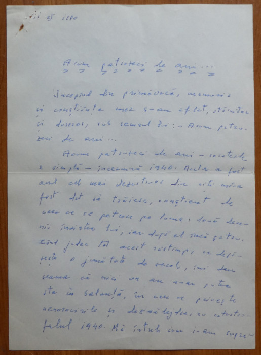 Manuscris olograf Geo Bogza, Acum patruzeci de ani, 4 pagini, 1980, eseu literar
