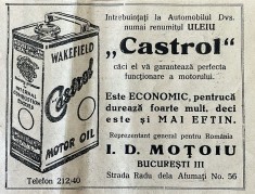 1931 Reclamă rom&acirc;nească Ulei Motor CASTROL reprezentant pentru Romania I.D. MOTOIU București interbelic Str Radu dela Afumați Nr 56 auto masini