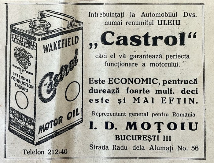 1931 Reclamă rom&acirc;nească Ulei Motor CASTROL reprezentant pentru Romania I.D. MOTOIU București interbelic Str Radu dela Afumați Nr 56 auto masini
