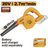 Suflanta frunze INGCO CABLI2078, 20V, 400W, 0-18000 RPM, debit aer 2.7 m&sup3;/min, viteza aer 69 m/s, compatibila platforma INGCO 20V, fara acumulator si
