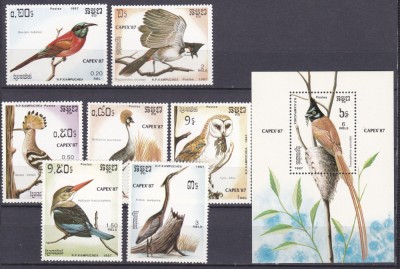 DB1 Fauna Pasari Cambodgia 1987 Expo Capex 7 v. + SS MNH foto