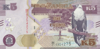 ZAMBIA █ bancnota █ 5 Kwacha █ 2021 █ P-57 █ UNC █ necirculata foto