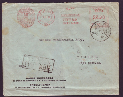 1933 Romania, Plic francat mecanic publicitar Banca Ardeleana Satu Mare, vigneta foto