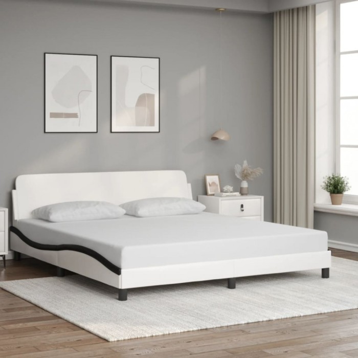 Cadru de pat cu tăblie alb și negru 180x200cm piele artificială