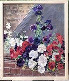 Zid cu petunii - pictură mare &icirc;n ulei semnată şi datată 1973, Flori, Realism
