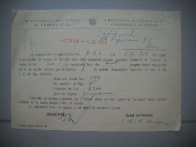 HOPCT DOCUMENT VECHI 302- MINISTERUL INDUSTRIEI COMERT EXTERIOR /BUCURESTI 1936 foto