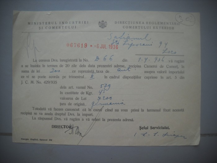 HOPCT DOCUMENT VECHI 302- MINISTERUL INDUSTRIEI COMERT EXTERIOR /BUCURESTI 1936