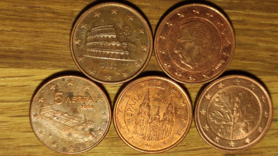 5 euro cent -set colectie 5 tari diferite- Grecia Italia Belgia Germania Spania foto