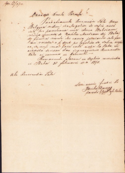 HST A1448 Corespondență 1870 preot rom&acirc;n Beba Timiș Banat