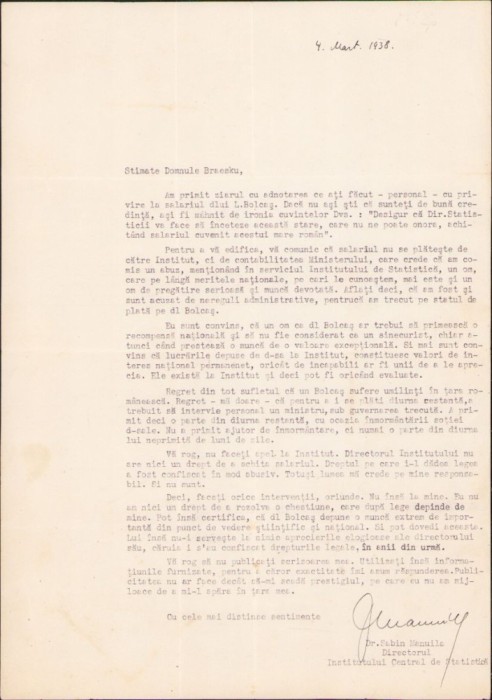 A402 Scrisoare semnată olograf Sabin Manuilă către Braesku, 1938