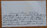 Carte de vizita a Generalului Hugo Schotsch, comandantul Diviziei 2 Vanatori de Munte, Bistrita Nasaud, cu text olograf consisternt in germana