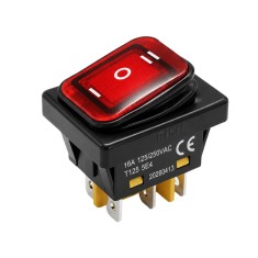 Intrerupator rocker basculant ON-OFF-ON, KCD4-0111-23, 6pini, 250VAC, 16A, 30x22mm, LED rosu, cu retinere, IP65